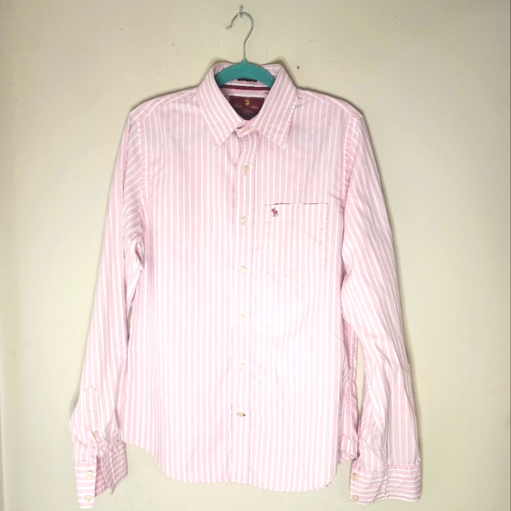 Abercrombie and Fitch Pink and White Vertical Striped Button Up Shirt Size L